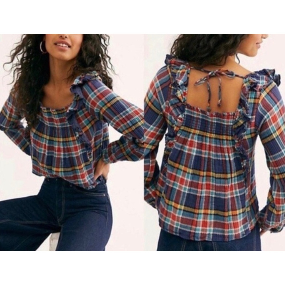 We The Free Free People Plaid Ruffle Smocked Tie Back Blouse Multi-Color XS